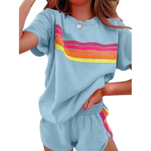 Ensemble de Loisirs Deux Pièces pour Femmes Bloc de Couleur Rayures Arc-en-ciel T-Shirt Et Short Sporty Loungewear Été Ample Haut Et Bas