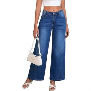 Fashionable high waist wide leg blue wash denim jeans with faded whiskering effect