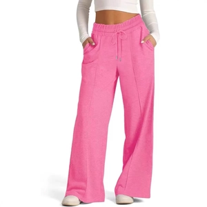 Pantalon large décontracté à taille haute avec cordon de serrage pour femme en rose vif
