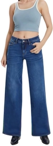 Détail de jean taille haute à jambe large avec rayures arc-en-ciel et coutures latérales