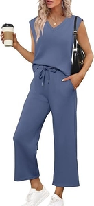 Detail view of the V-neck sleeveless top and drawstring wide-leg pants in dusty blue