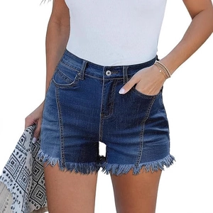 Pantaloncini di jeans a vita alta blu scuro da donna con orlo sfilacciato e cucitura