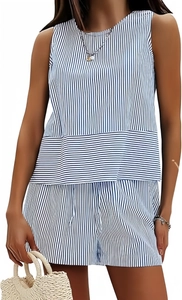 Detail of blue and white striped sleeveless top and matching drawstring shorts set