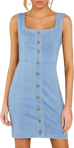 Detail of square neck and front button closure on a light blue denim mini dress