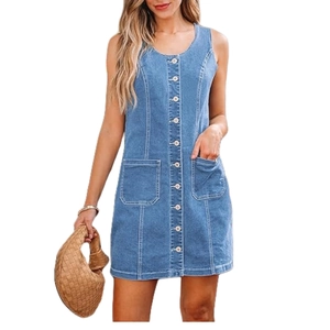 Sleeveless light blue denim mini dress with white contrast stitching and utility pockets