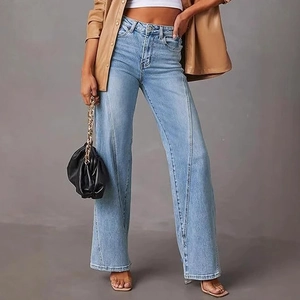 Women High Waist Wide Leg Jeans Paneling Stitching Design Washed Blue Denim Pants Vintage Streetwear Casual Long Trousers