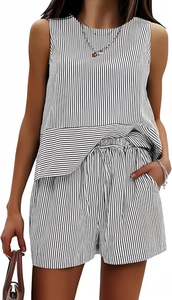 Detail of striped sleeveless top and drawstring shorts set for women summer casual wear