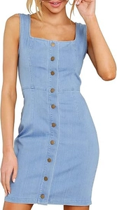 Detail shot of light blue square neck sleeveless denim mini dress with front buttons