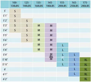 Size chart for striped tank top set with height in feet and weight in lbs from S to XL