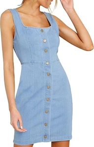 Detailed close-up of light blue denim mini dress featuring square neck and metal buttons
