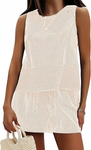 Detail view of sleeveless striped top showing the transition between vertical and horizontal patterns