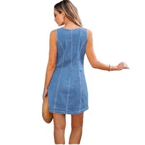 Detail view of the back of a sleeveless denim dress with slimming princess seams