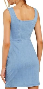 Detail of light blue denim mini dress showing slim fit back seam and square neck design
