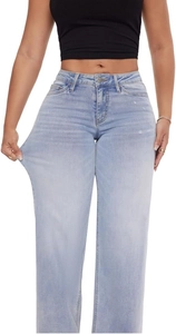 Détail du tissu bleu clair extensible à haute élasticité de ce jean large pour femme