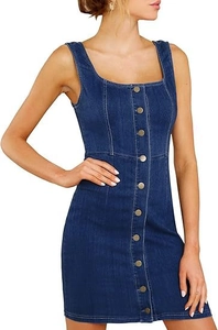 Detail of square neckline and button-down front on a sleeveless slim denim mini dress