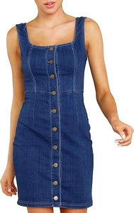 Detailed view of dark blue denim sleeveless dress with square neck and metallic buttons