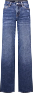 Détail du jean bleu foncé taille haute à jambes larges avec texture denim délavée