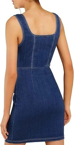 Rear view of slim fit dark blue denim mini dress featuring square neck and vertical seams