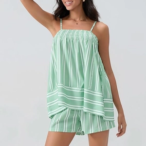 Detail view of mint green striped two-piece set with elastic ruffled spaghetti strap top