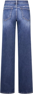 Détail macro d'un jean bleu foncé montrant les poches arrière et la texture délavée du tissu