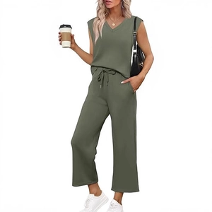 Women's V-neck sleeveless top and high-waisted wide-leg pants two-piece leisure set in olive