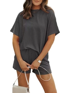 Detail of dark grey ribbed knit texture on women's casual two-piece summer set