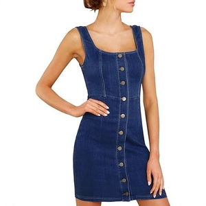 Women Casual Square Neck Sleeveless Button Front Denim Mini Dress Slim Fit Bodycon Cotton Jeans Short Dress