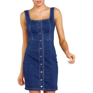 Women's casual square neck sleeveless dark blue denim mini dress with front button closure