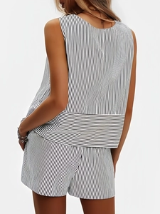 Back view of summer sleeveless striped vest and matching drawstring shorts set