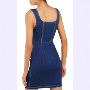 Slim fit sleeveless square neck dark blue denim mini dress with contrast stitching back view