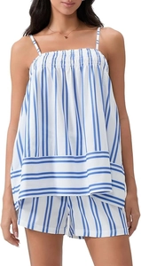 Detailed close-up of blue and white striped summer camisole set with smocked chest detail