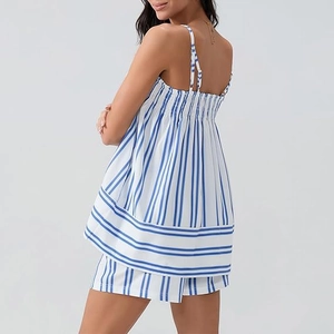 Detail view of elastic smocked back on blue and white striped summer two-piece camisole set