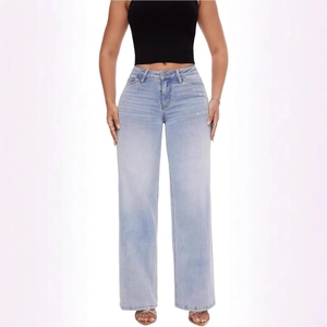 Jean large bleu clair à taille haute extensible avec délavage vintage pour femmes