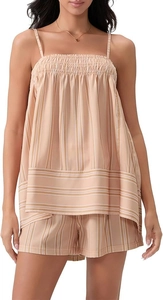 Detail of peach pink striped loungewear set with ruched bust and slim straps