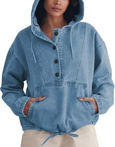 Detail of blue denim hoodie with button closure, drawstring hood and kangaroo pocket