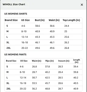 Size chart for women's short sleeve top and wide leg pants set with US sizing guide