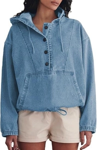 Detail of light blue denim hoodie with buttoned neckline and kangaroo pocket for women