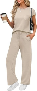 Detail of light beige casual set featuring a crewneck t-shirt with pocket and drawstring pants