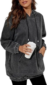 Close-up of acid washed gray hoodie featuring heavy fabric texture and kangaroo pocket