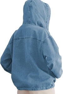 Back view of a casual loose denim hoodie jacket with washed light blue texture