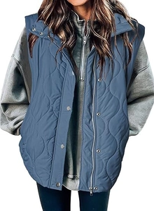 Detail of blue quilted vest with wavy stitching, metal snap buttons and zipper closure
