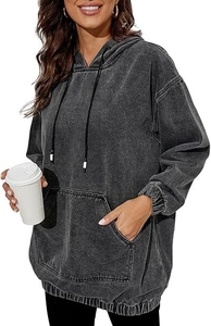 Detail of vintage charcoal grey washed oversized hoodie with front kangaroo pocket