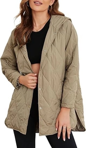 Detail of khaki quilted puffer jacket featuring hood, snap buttons and diamond pattern
