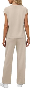 Detail view of the back and side profile of beige relaxed fit short sleeve lounge set