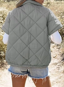 Detailed back view of gray quilted short-sleeve jacket with diamond patterns