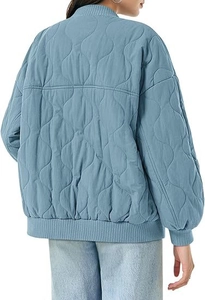 Rear view of light blue quilted jacket showing gourd pattern stitching and ribbed cuffs