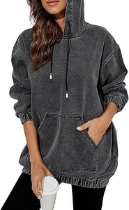 Detail view of vintage acid wash dark grey hoodie with oversized fit and front pocket