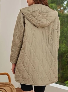 Rear view of a mid-length quilted hooded jacket for women with diamond stitching pattern