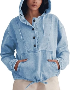 Detail of light blue denim hoodie with buttoned neck and adjustable drawstring hem
