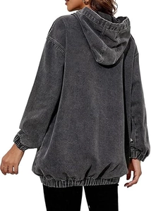 Detailed back view of vintage washed oversized hooded denim jacket with ribbed hem